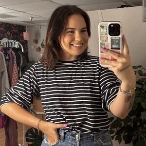 Anthropologie Maeve Stripe Crew Neck Half Sleeve Tee Navy White Size Small